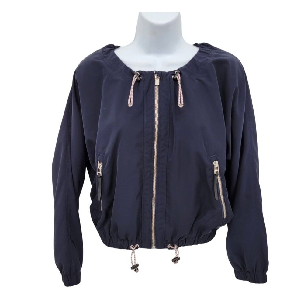 Athleta Chill Bomber Jacket 202074-04 Womens M Navy Captain Lined Zip Drawstring - Picture 2 of 16